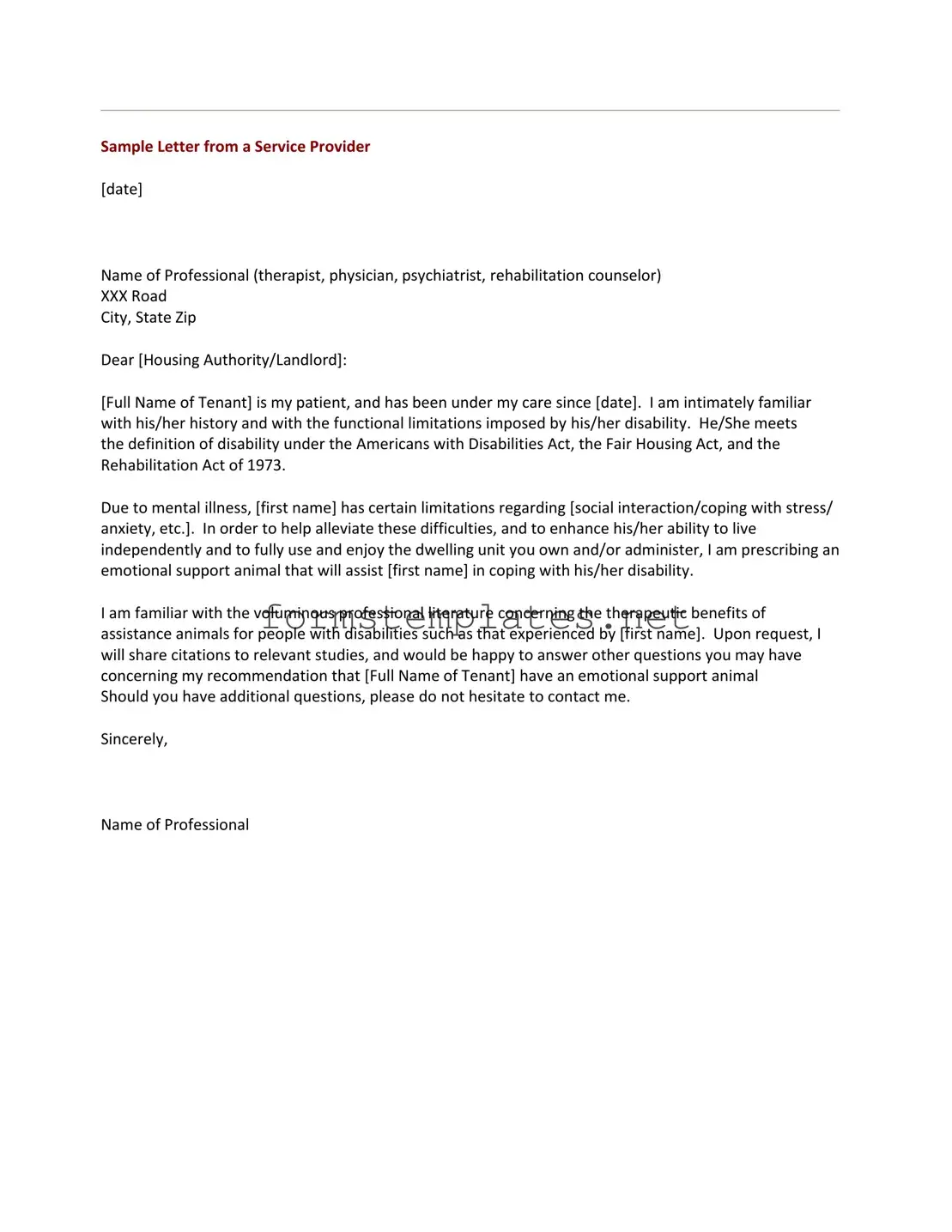 Free Emotional Support Animal Letter Template