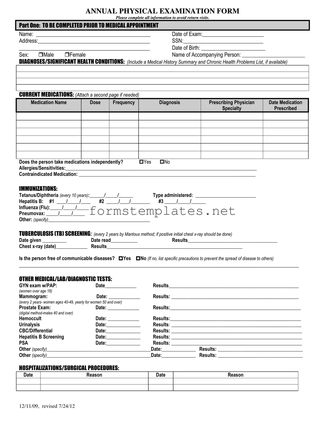 Free Annual Physical Examination Template