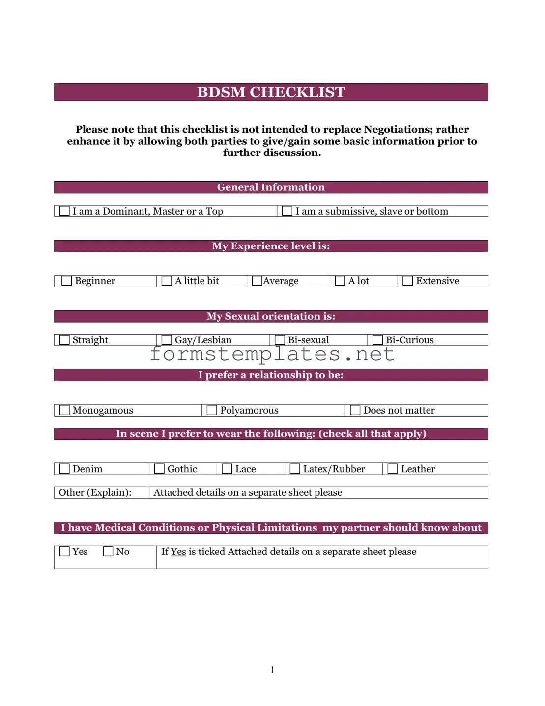 Free Bdsm Checklist Template