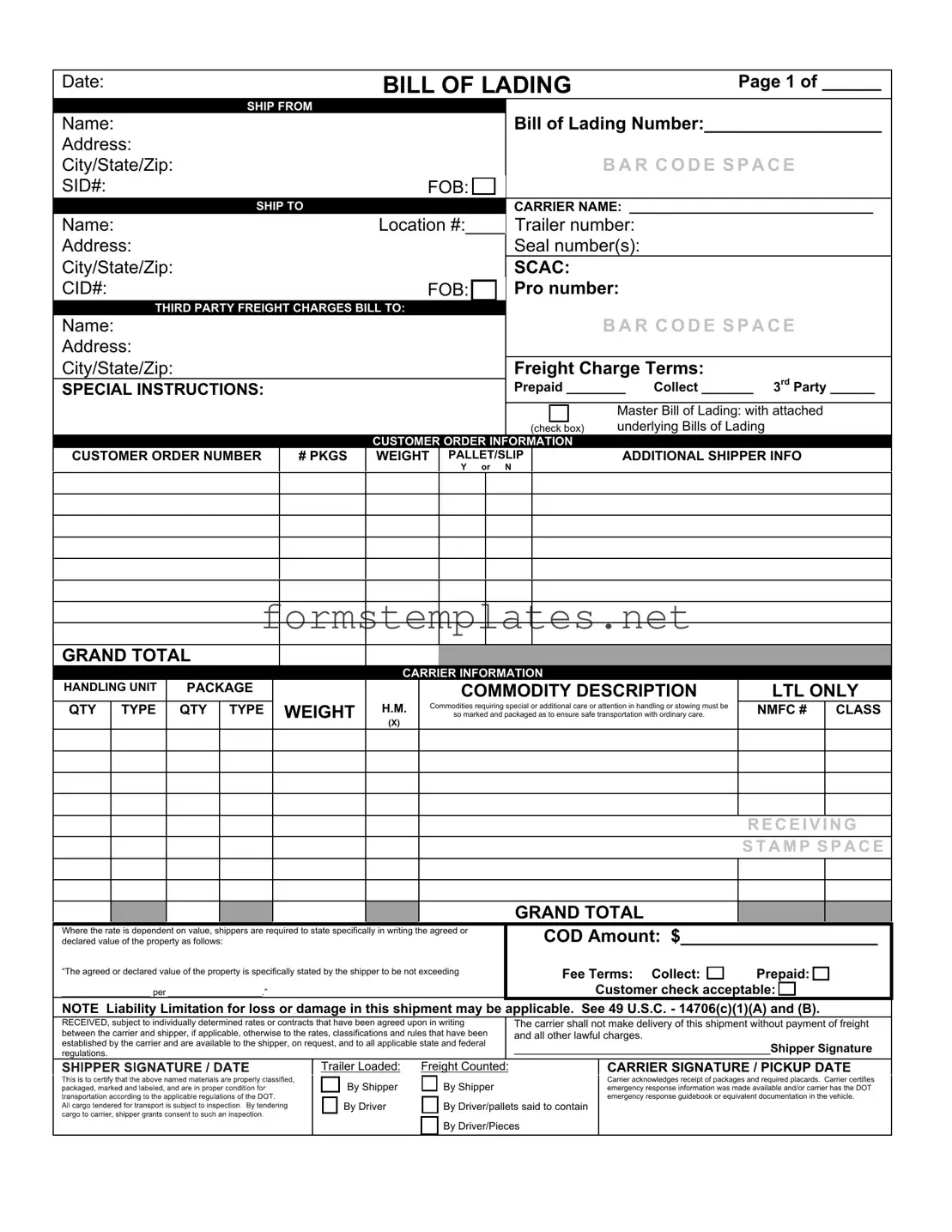 Free Bill of Lading with a Supplement Template
