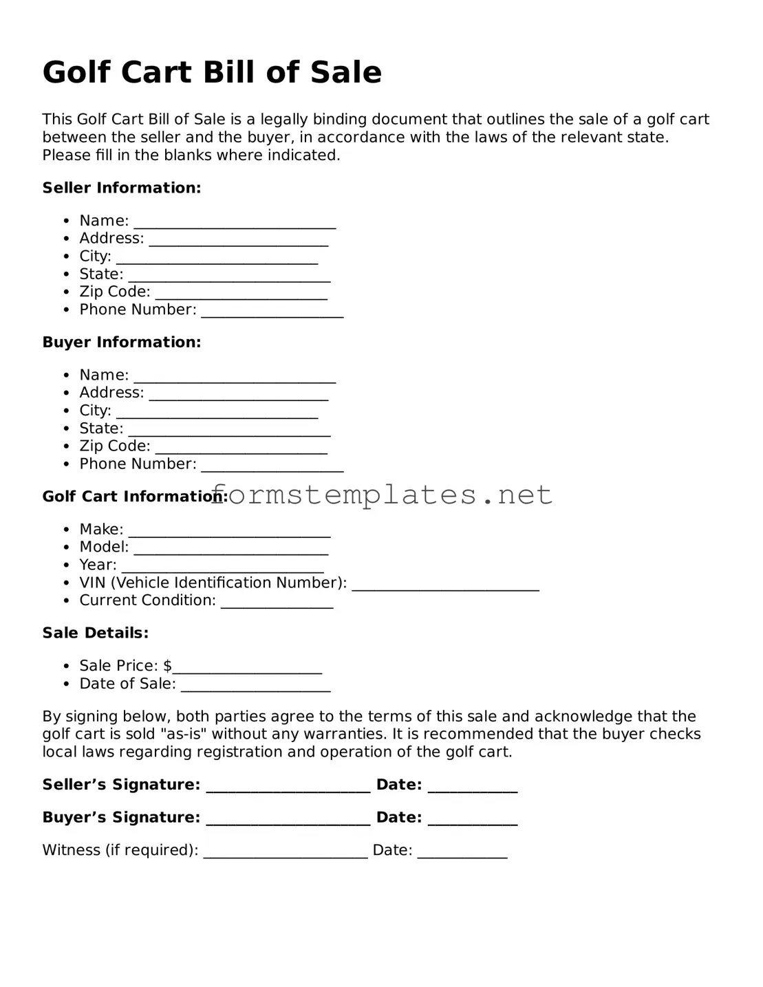 Attorney-Verified Golf Cart Bill of Sale Form