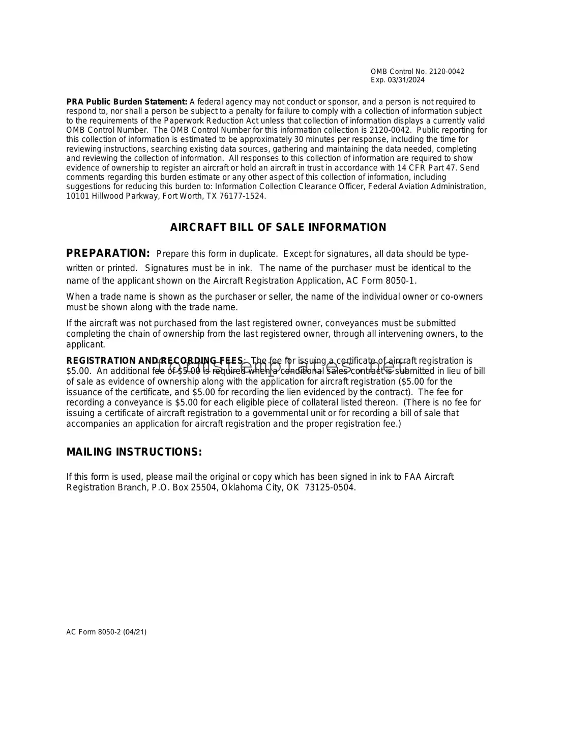 Free Aircraft Bill of Sale AC 8050-2 Template