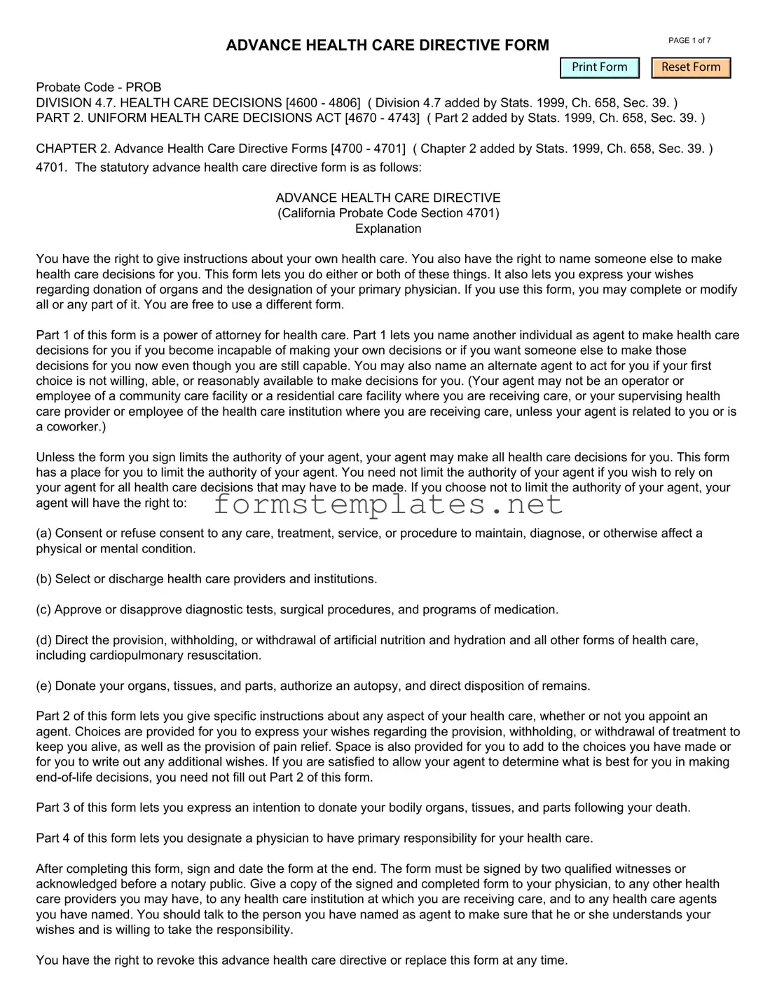 Free California Advanced Health Care Directive Template