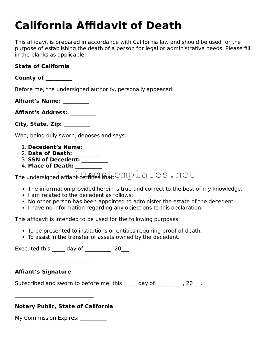Attorney-Approved California Affidavit of Death Template