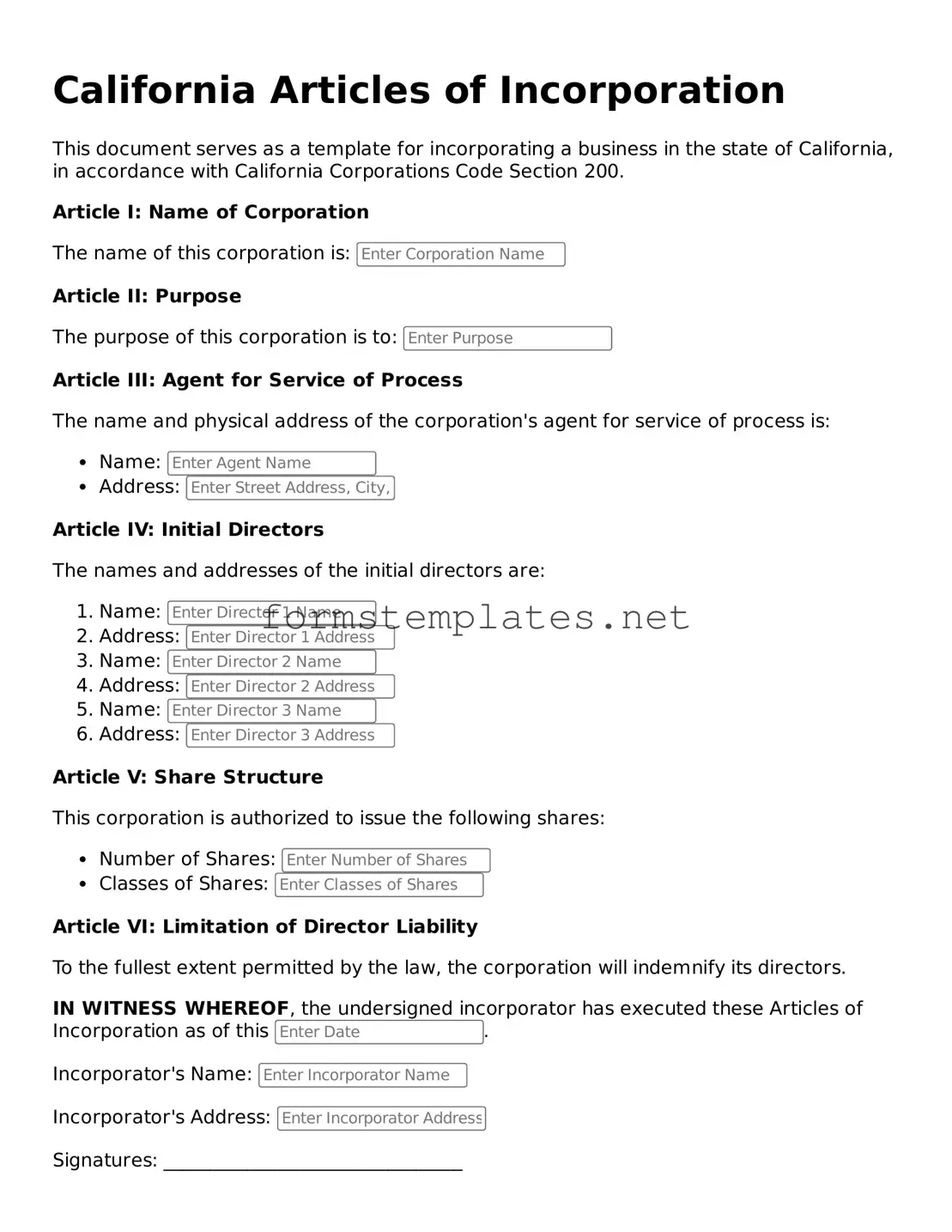 Attorney-Approved California Articles of Incorporation Template