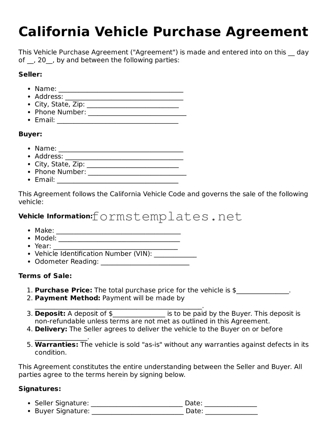 Attorney-Approved California Vehicle Purchase Agreement Template