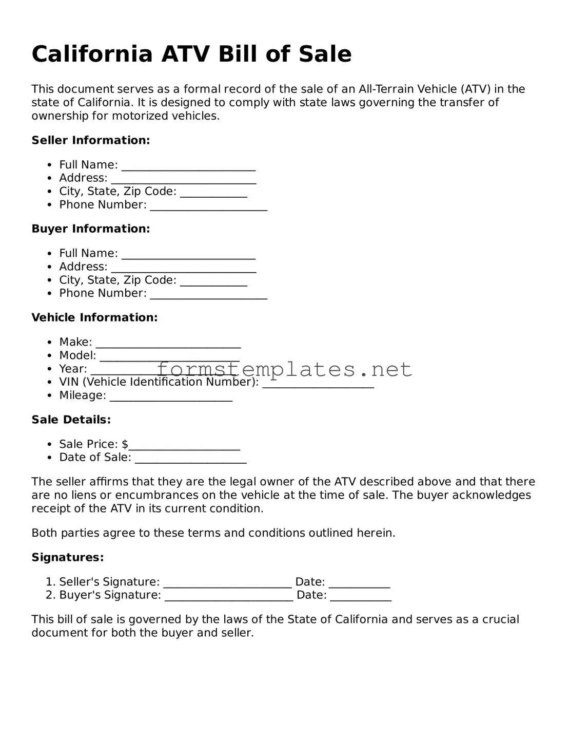 Attorney-Approved California ATV Bill of Sale Template