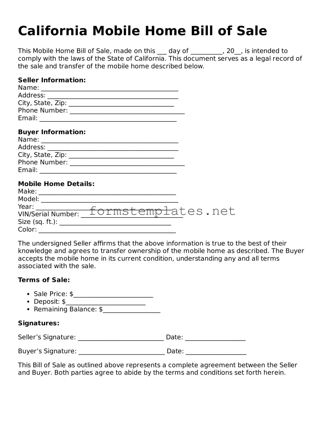 Attorney-Approved California Mobile Home Bill of Sale Template