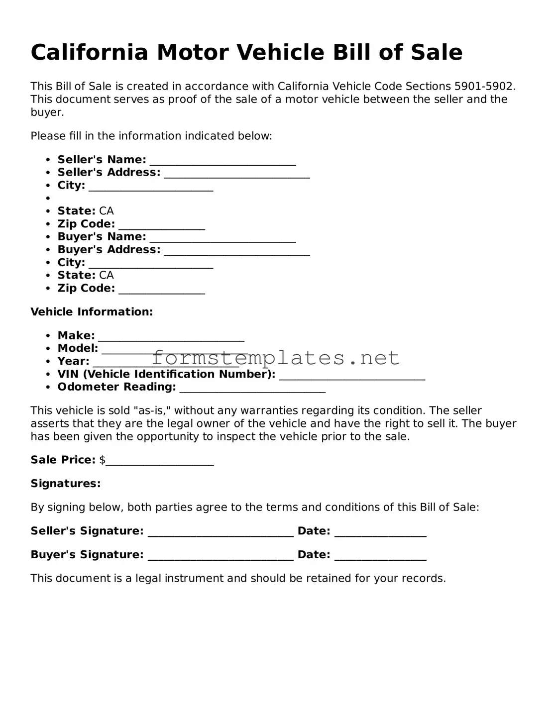 Attorney-Approved California Motor Vehicle Bill of Sale Template