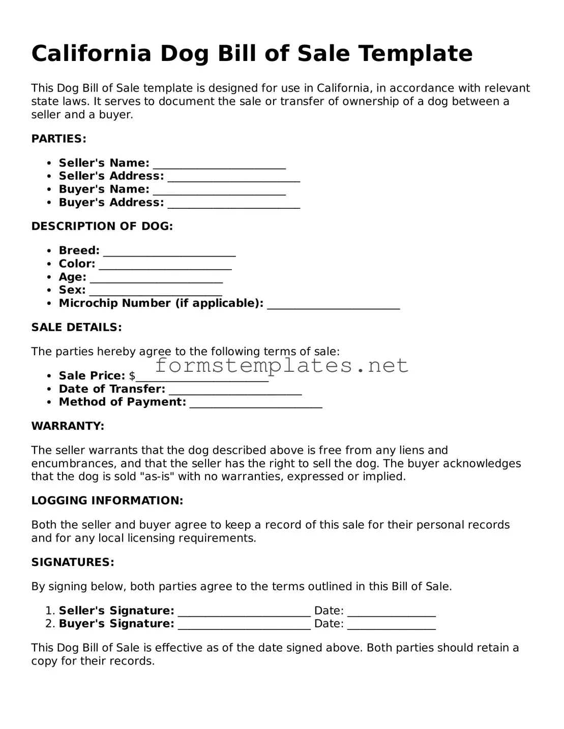 Attorney-Approved California Dog Bill of Sale Template