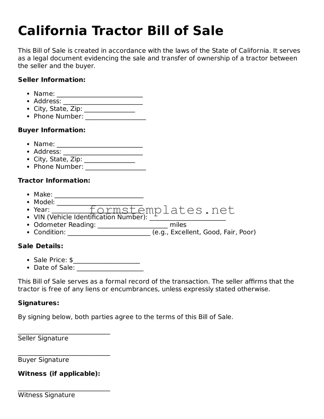 Attorney-Approved California Tractor Bill of Sale Template