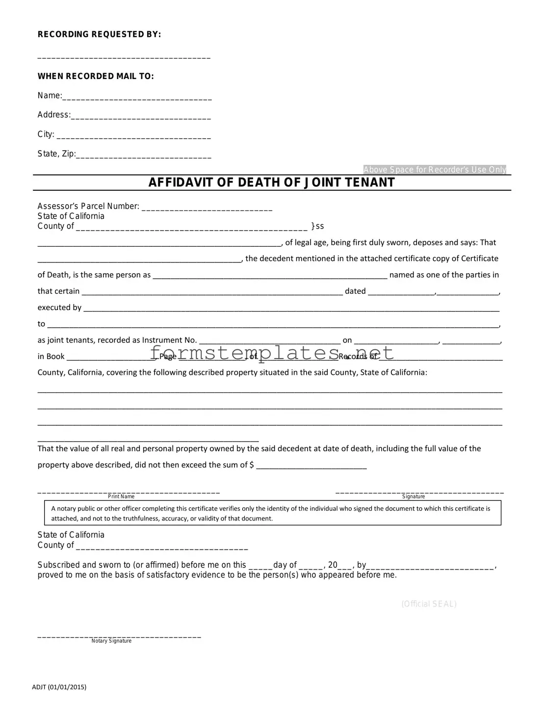 Free California Death of a Joint Tenant Affidavit Template