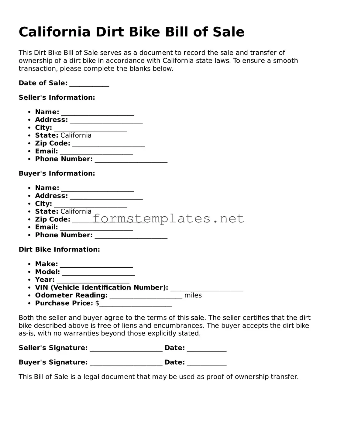 Attorney-Approved California Dirt Bike Bill of Sale Template