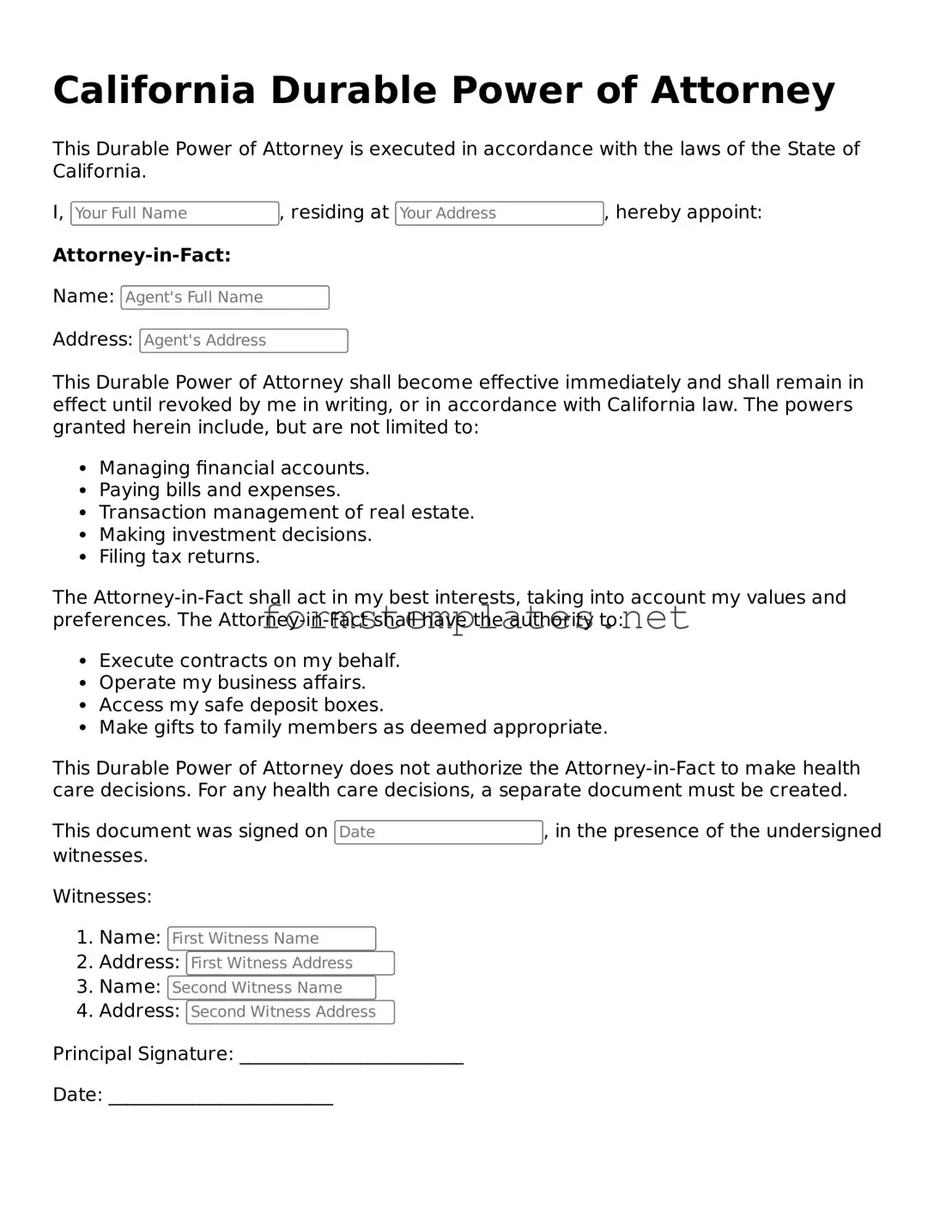 Attorney-Approved California Durable Power of Attorney Template