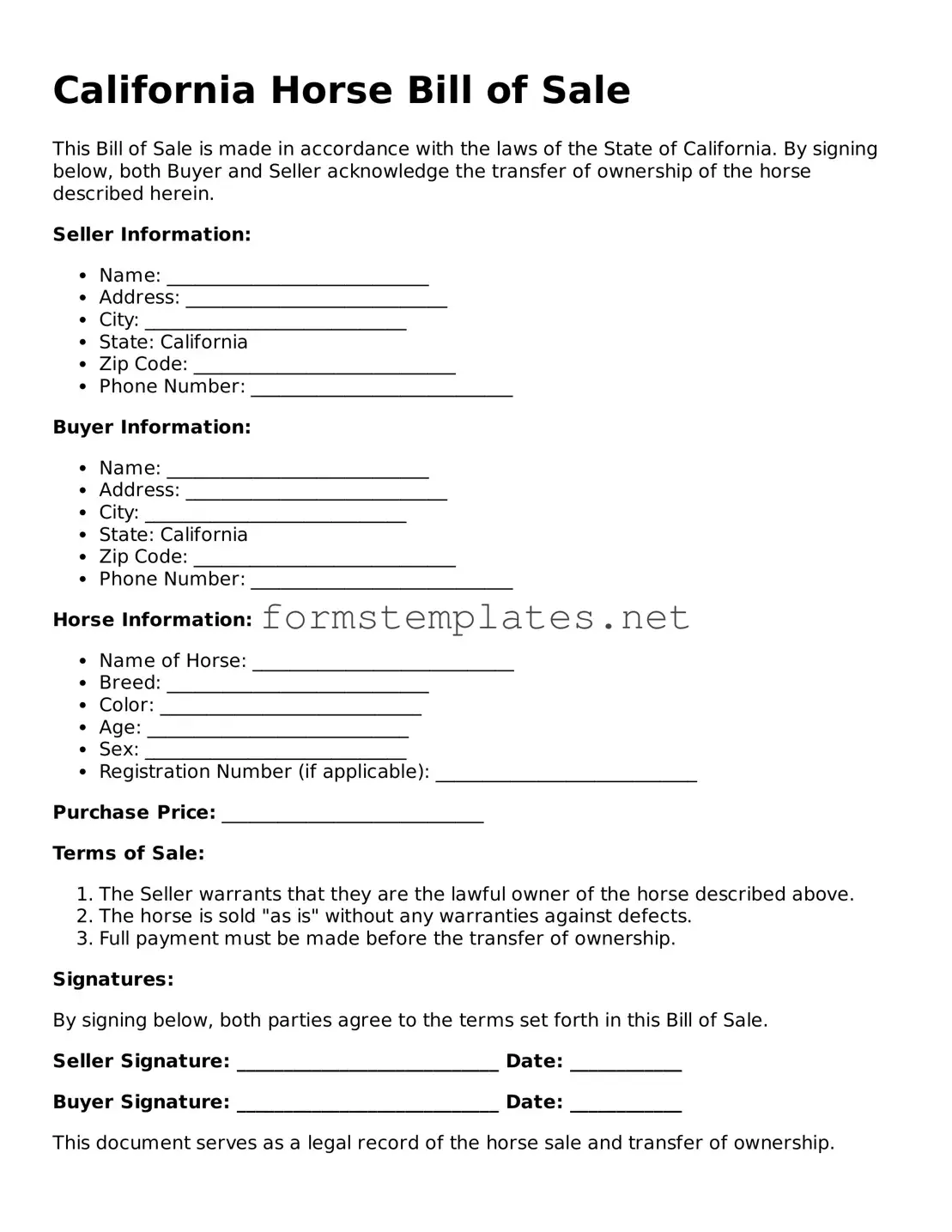 Attorney-Approved California Horse Bill of Sale Template