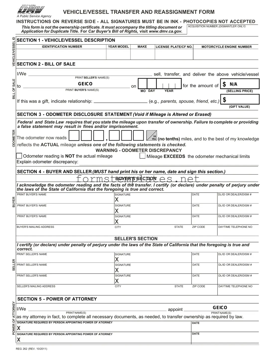 Free California Fotm Reg 262 Template