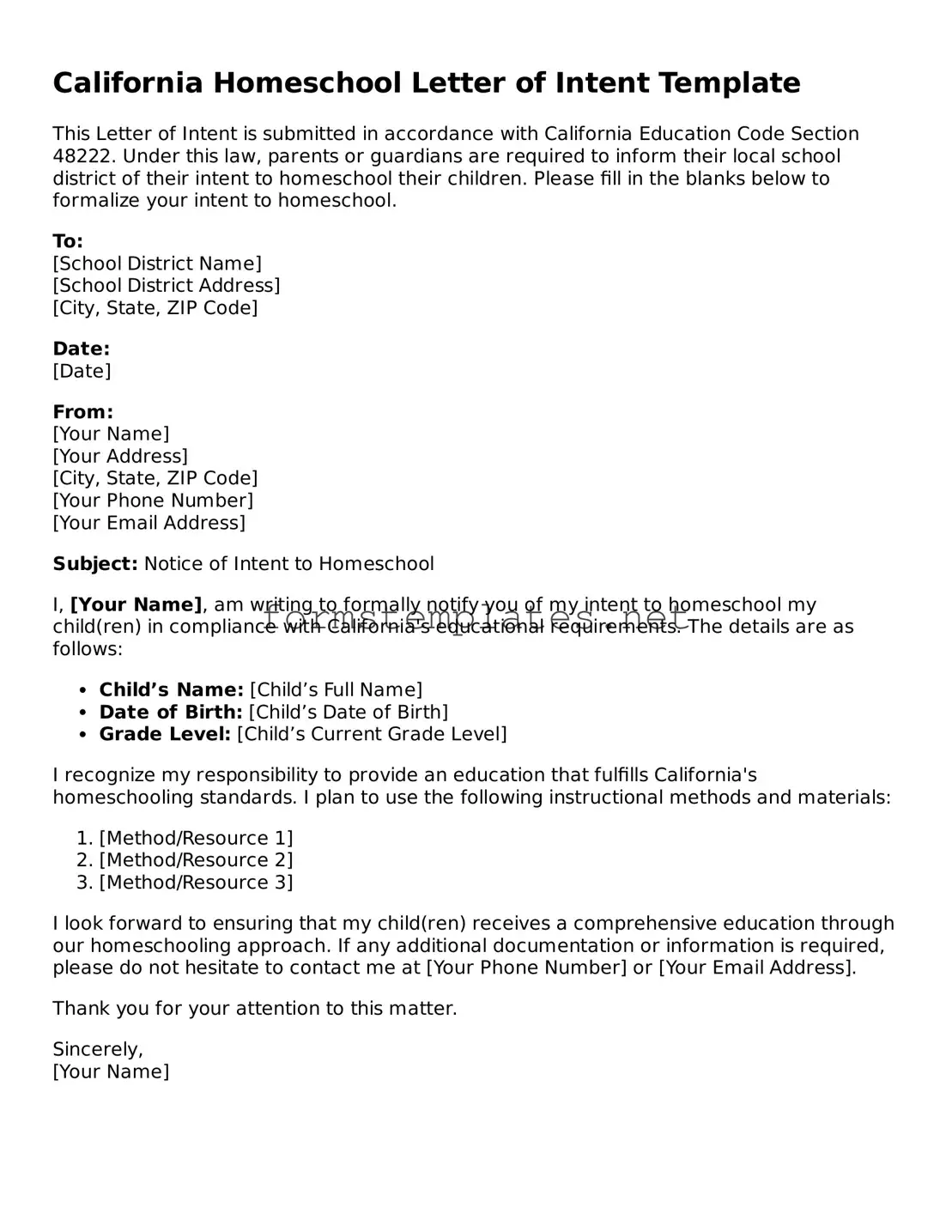 Attorney-Approved California Homeschool Letter of Intent Template