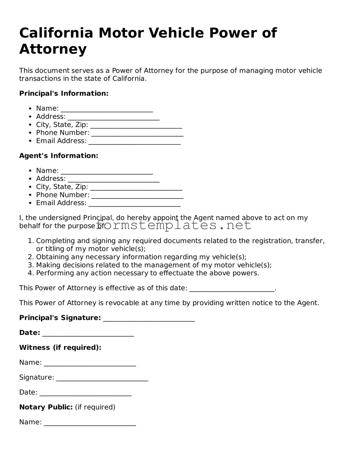 Attorney-Approved California Motor Vehicle Power of Attorney Template