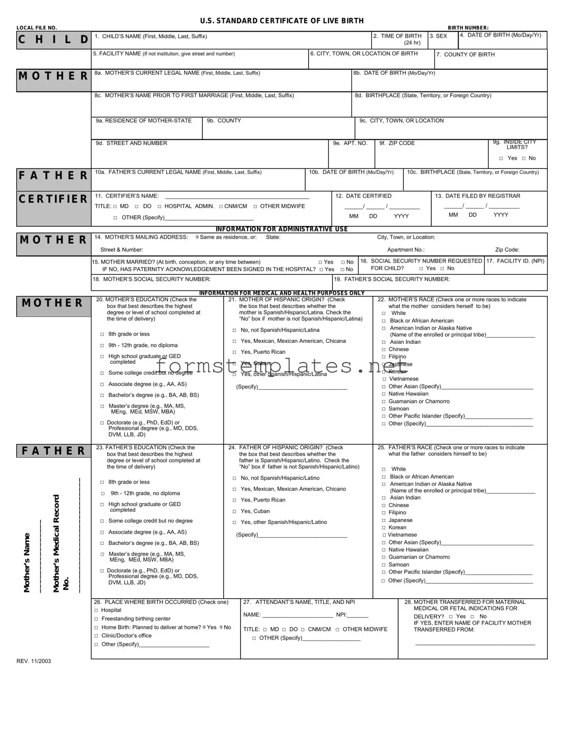 Free CDC U.S. Standard Certificate of Live Birth Template