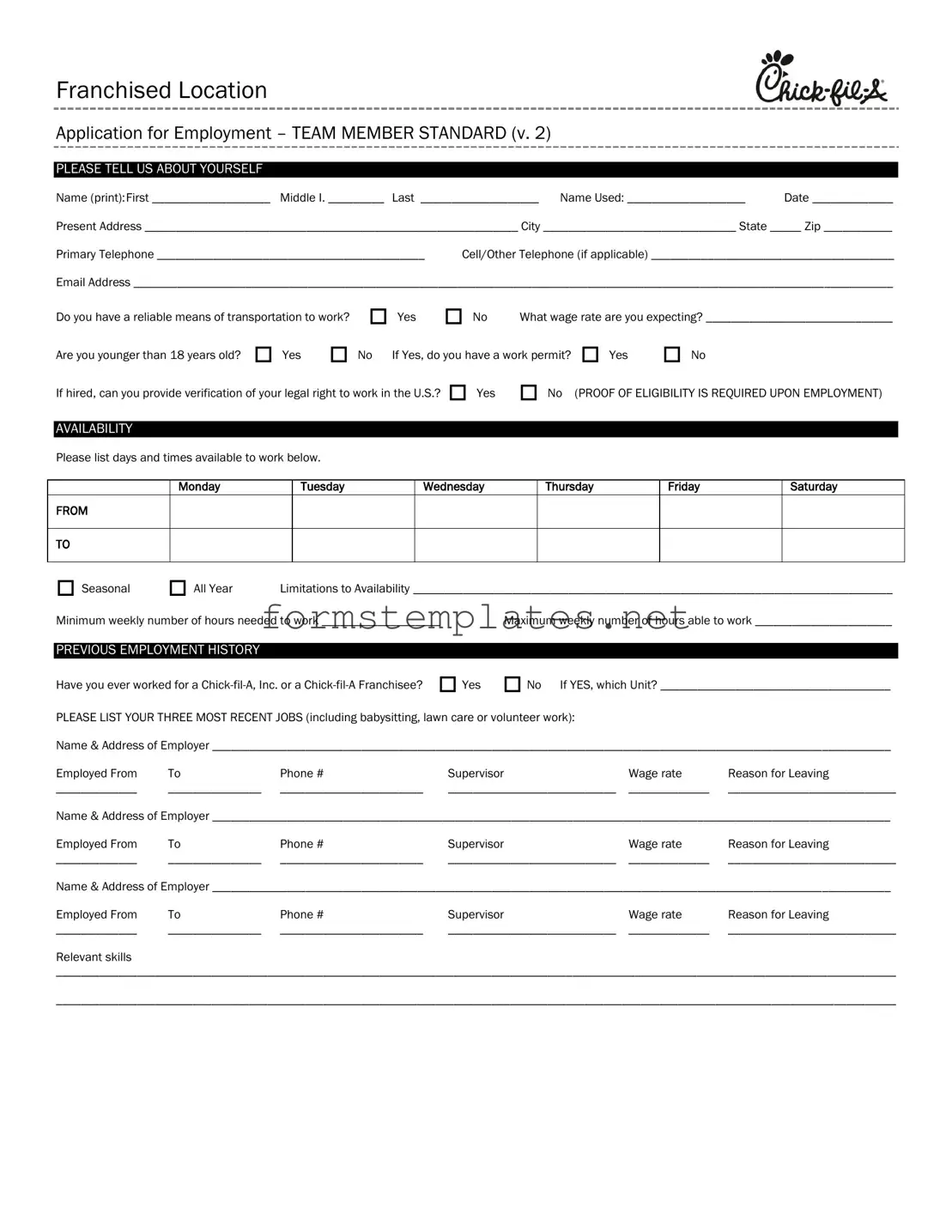Free Chick Fil A Job Application Template