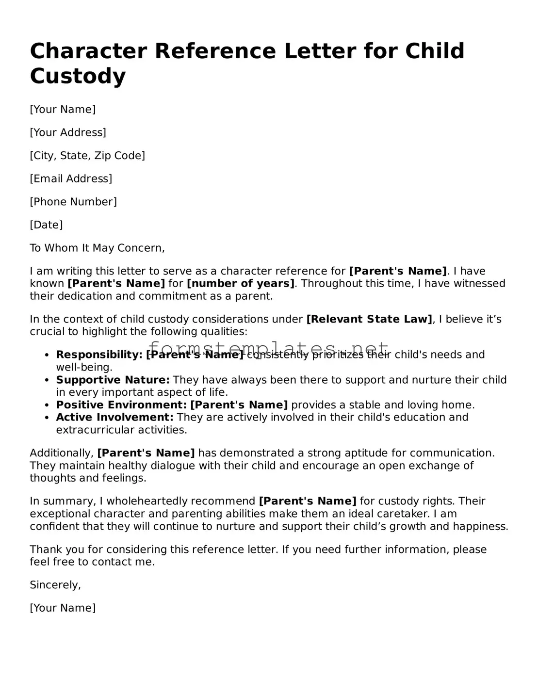 Attorney-Verified Character Reference Letter for Child Custody Form