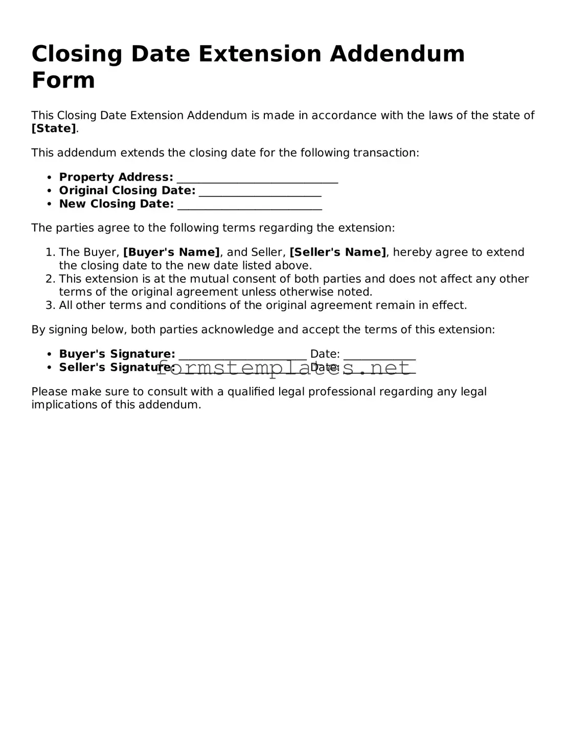 Attorney-Verified Closing Date Extension Addendum Form Form