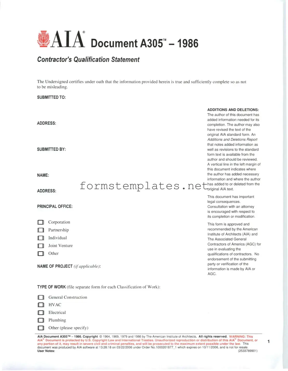 Free AIA A305 Template
