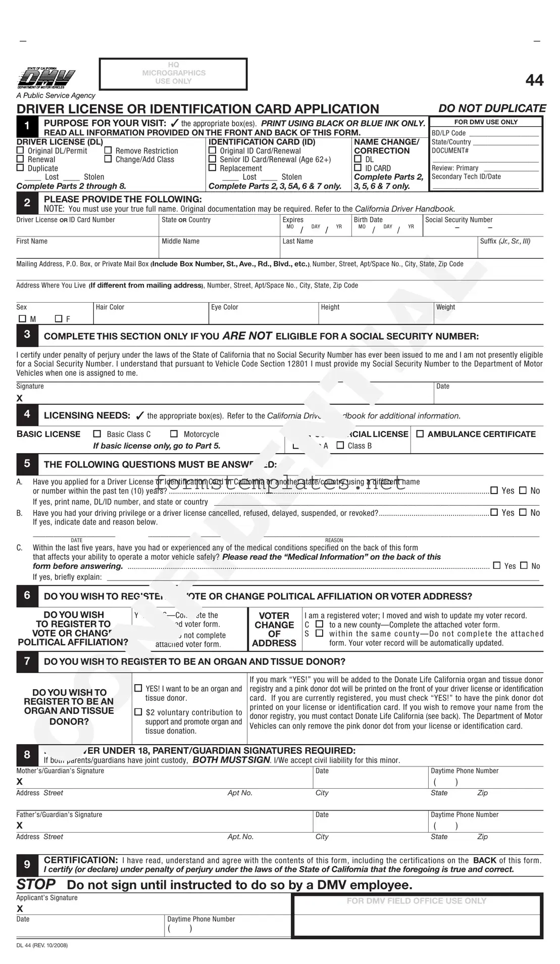 Free Ca Dmv Dl 44 Template