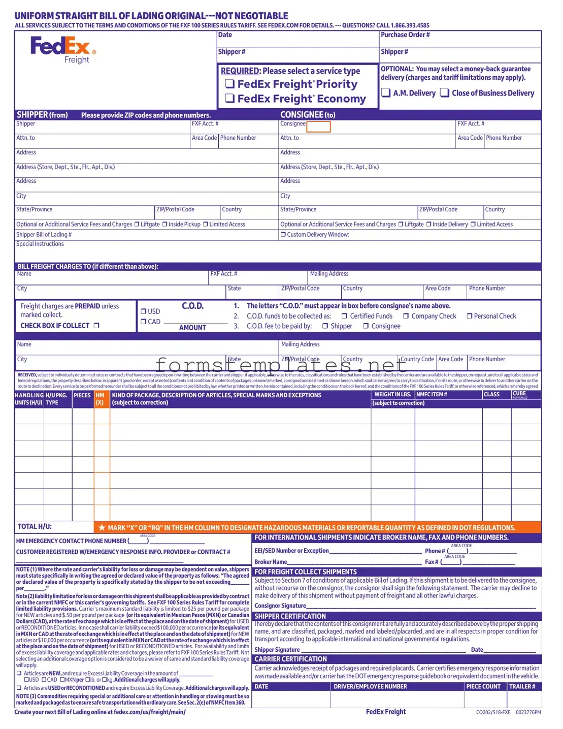 Free Fedex Bill Of Lading Template
