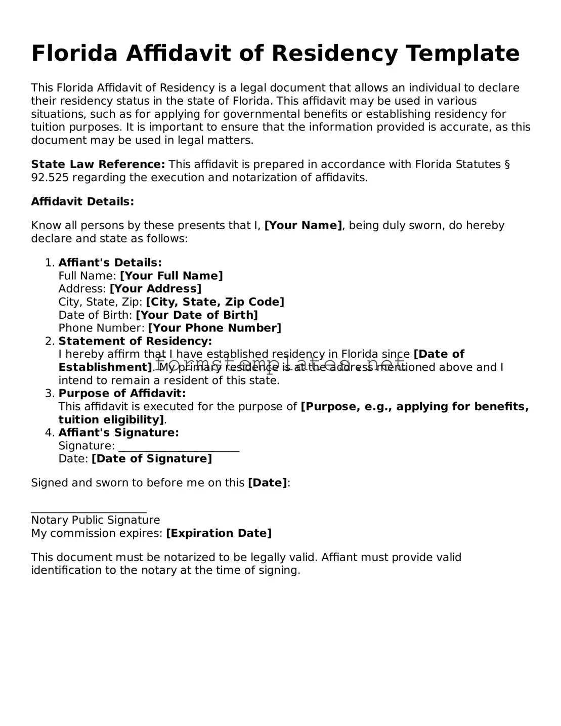 Attorney-Approved Florida Affidavit of Residency Template