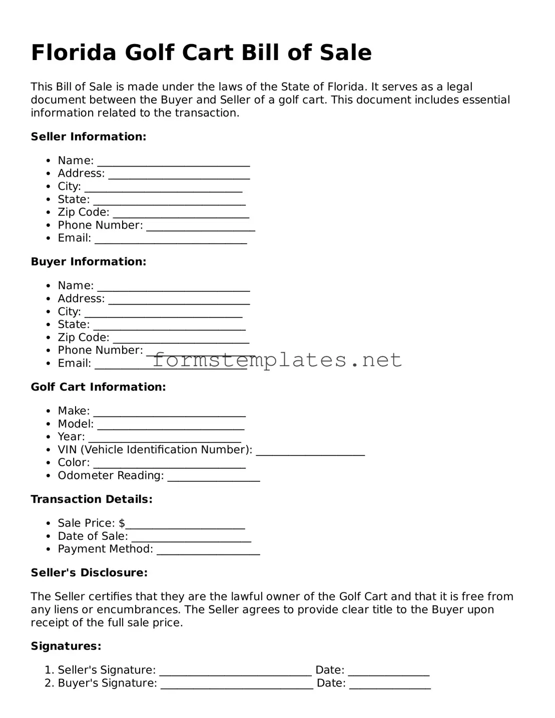 Attorney-Approved Florida Golf Cart Bill of Sale Template