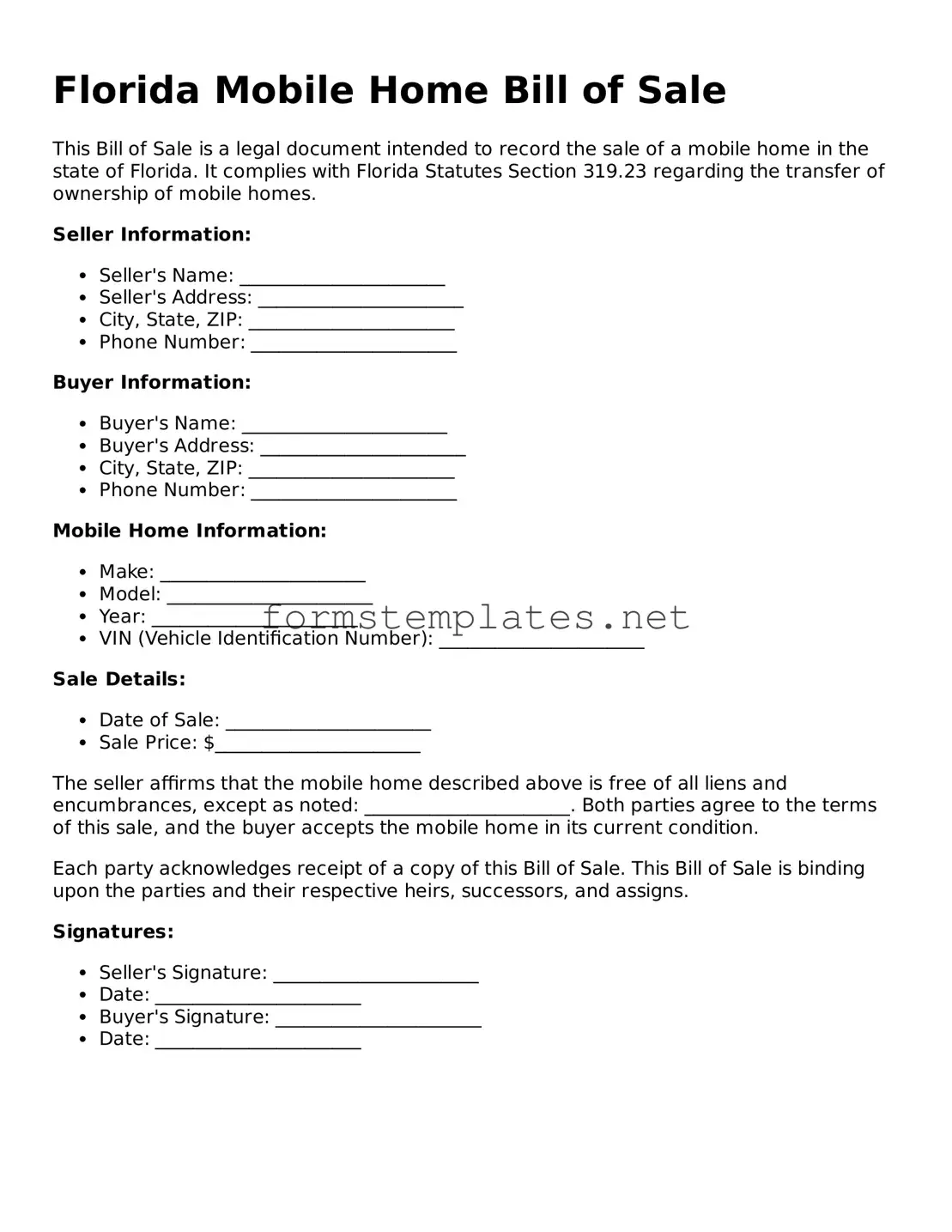 Attorney-Approved Florida Mobile Home Bill of Sale Template