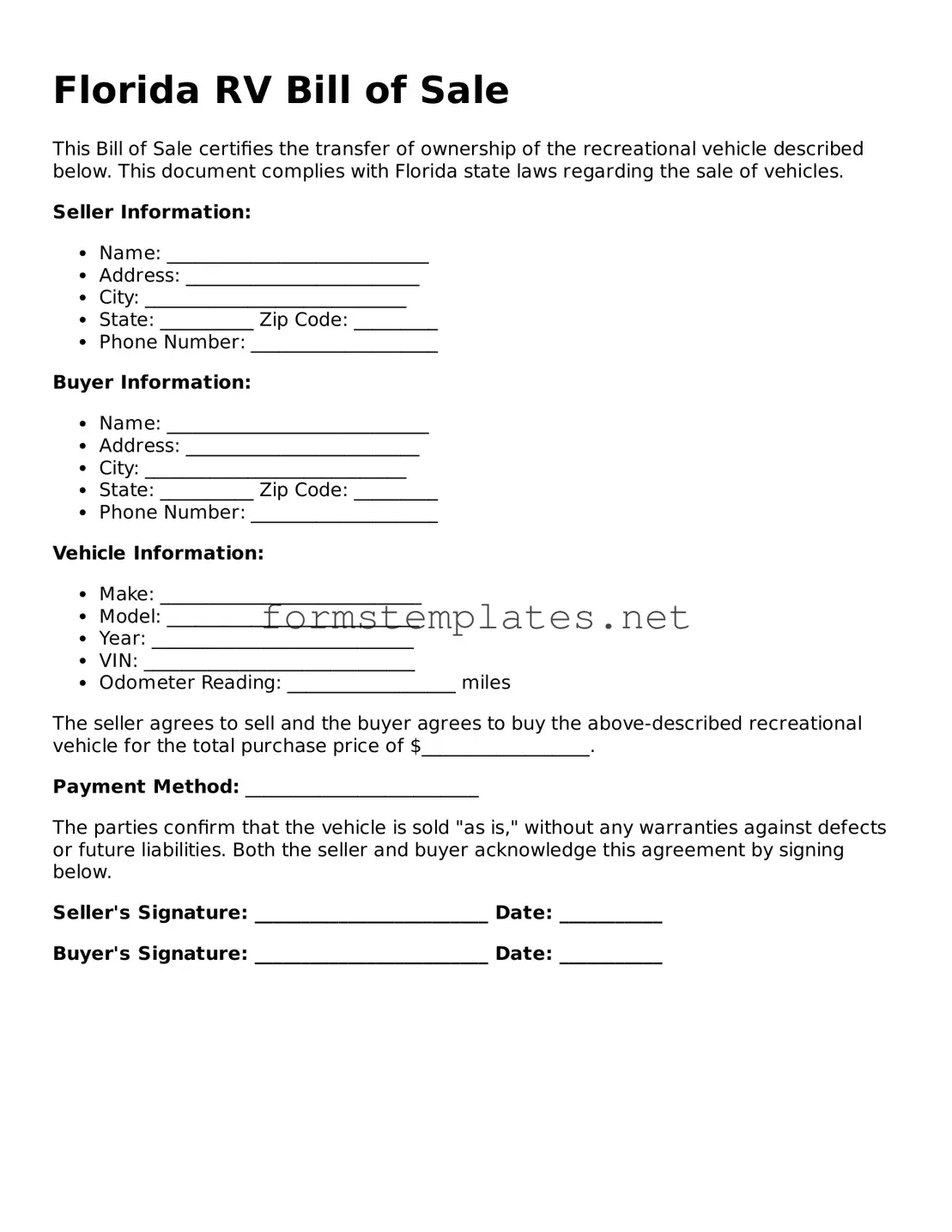 Attorney-Approved Florida RV Bill of Sale Template
