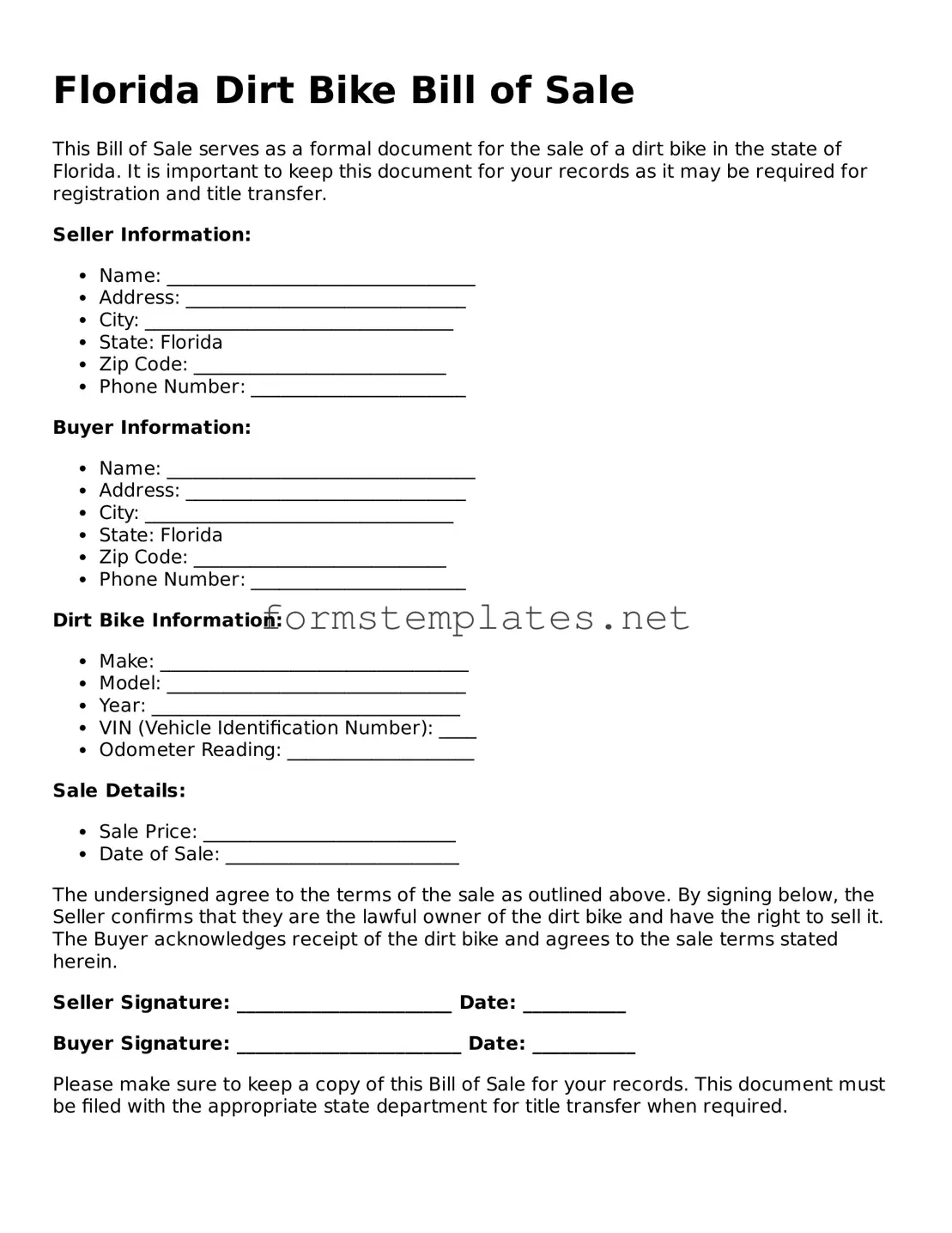Attorney-Approved Florida Dirt Bike Bill of Sale Template
