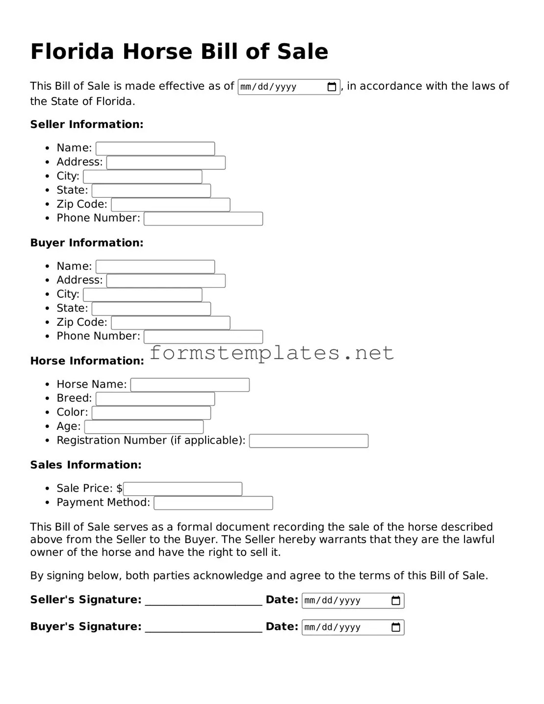 Attorney-Approved Florida Horse Bill of Sale Template