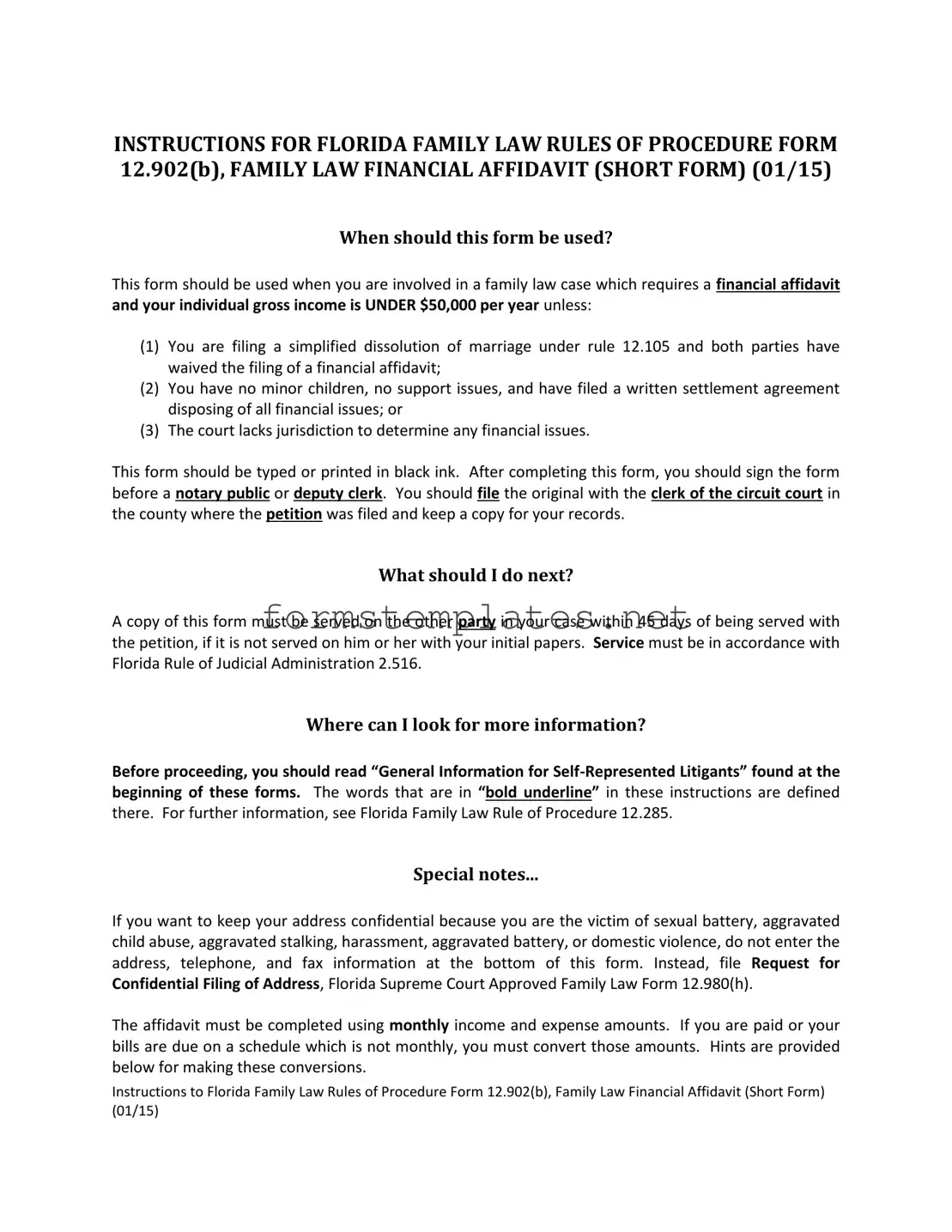 Free Florida Financial Affidavit Short 12.902(b) Template