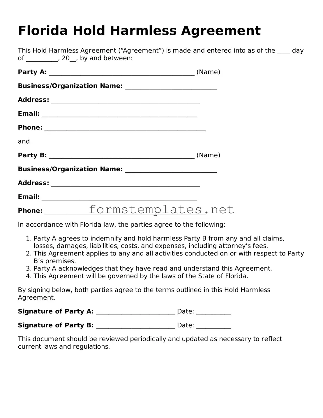 Attorney-Approved Florida Hold Harmless Agreement Template
