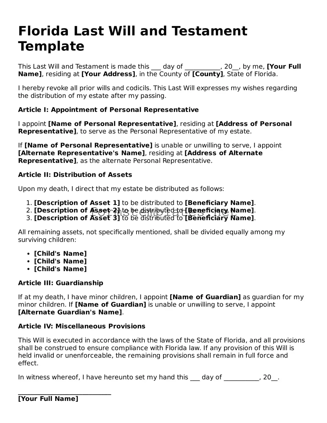 Attorney-Approved Florida Last Will and Testament Template