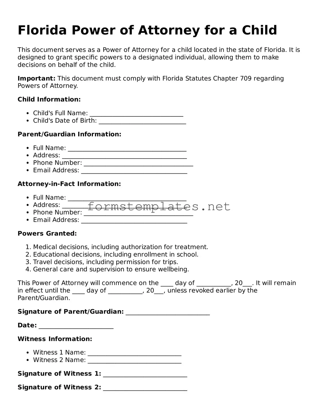 Attorney-Approved Florida Power of Attorney for a Child Template