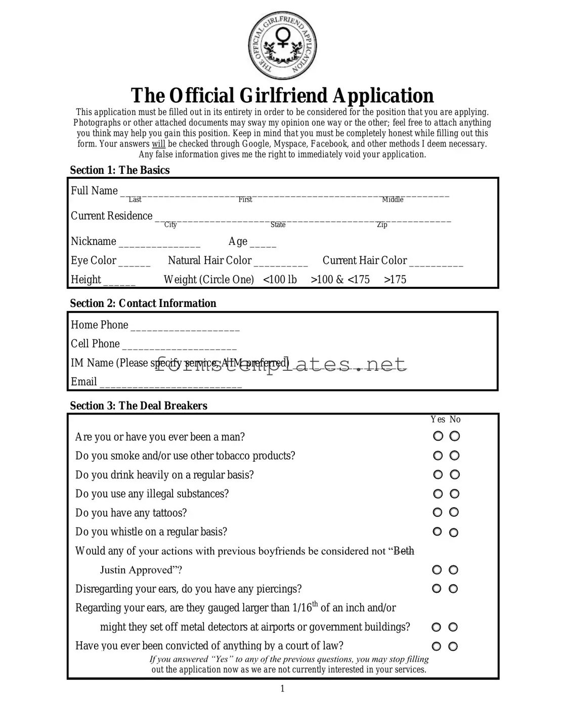 Free Girlfriend Application Template