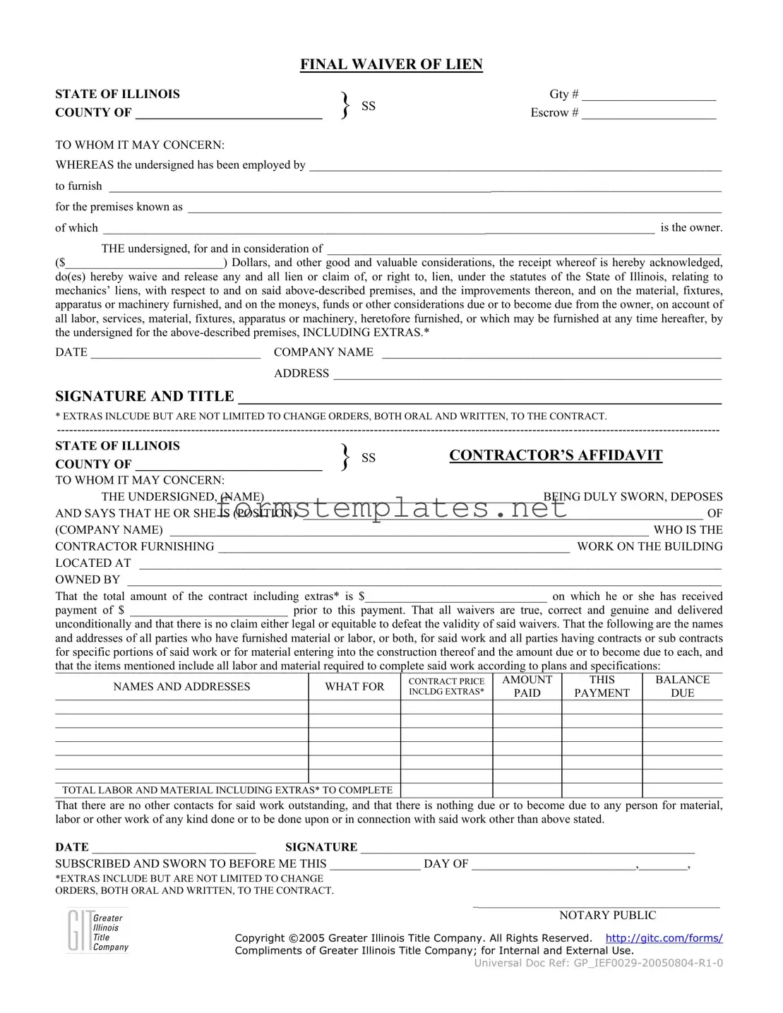 Free Illinois Final Waiver Of Lien Template
