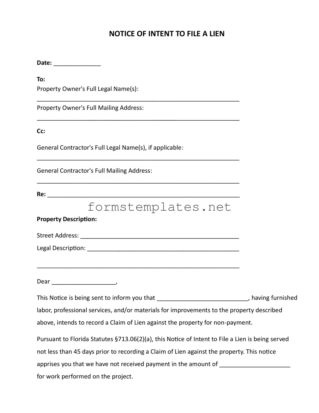 Free Intent To Lien Florida Template