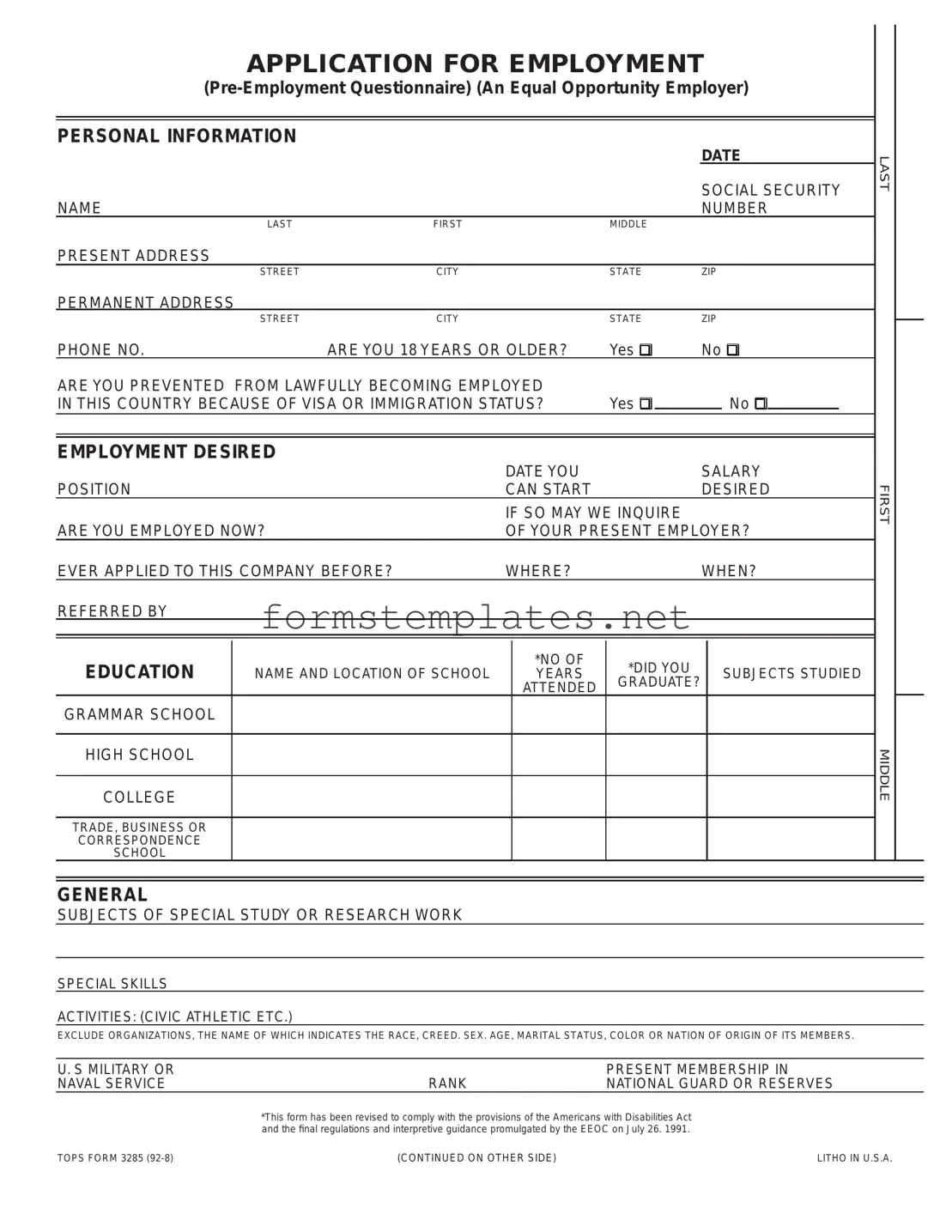 Free Employment Application Pdf Template