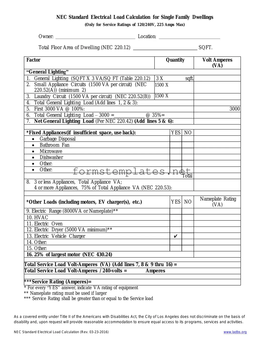 Free LADBS NEC Standard Electrical Load Calculation Template