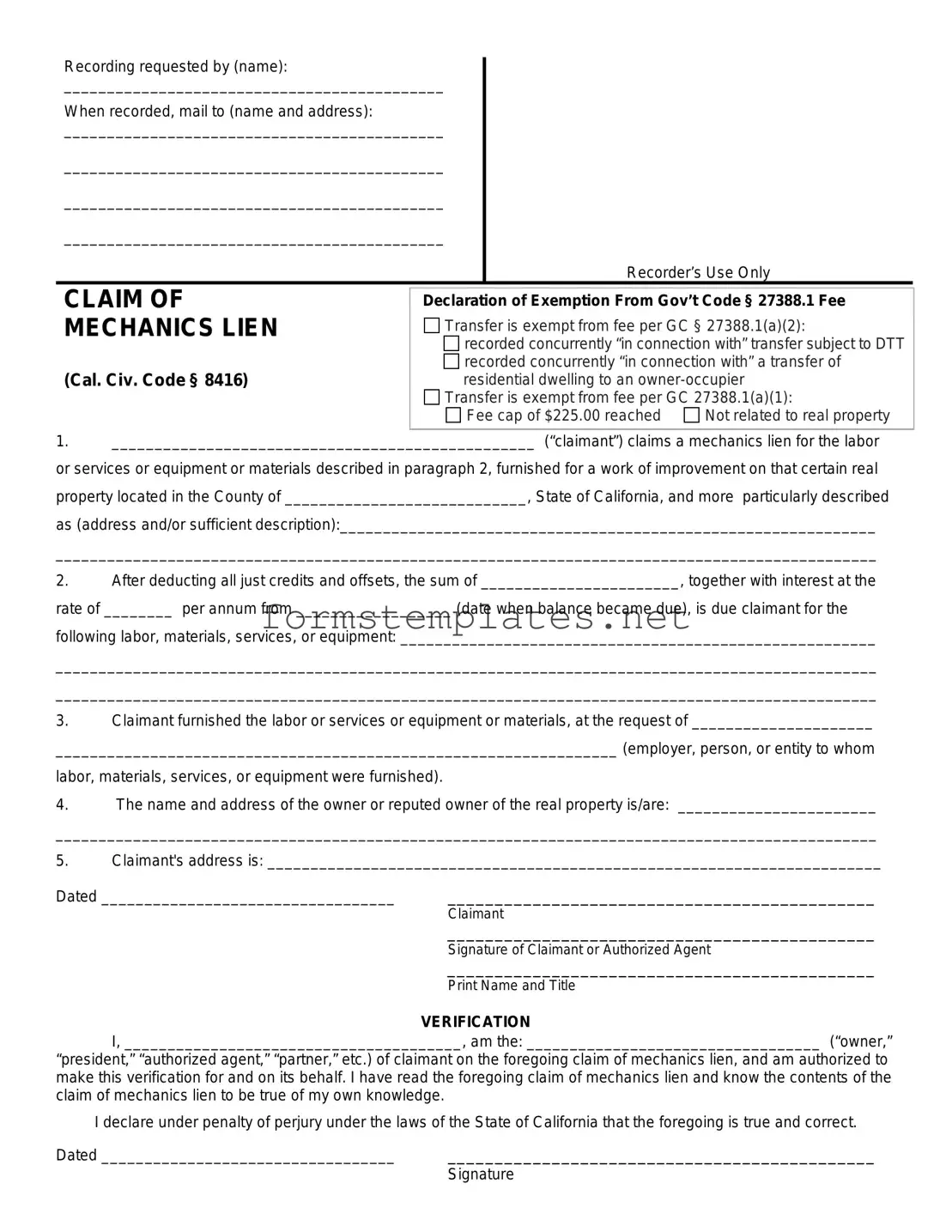 Free Mechanics Lien California Template