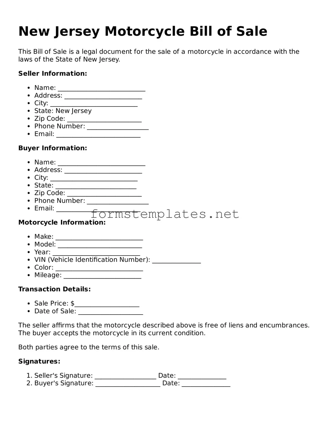Attorney-Approved New Jersey Motorcycle Bill of Sale Template