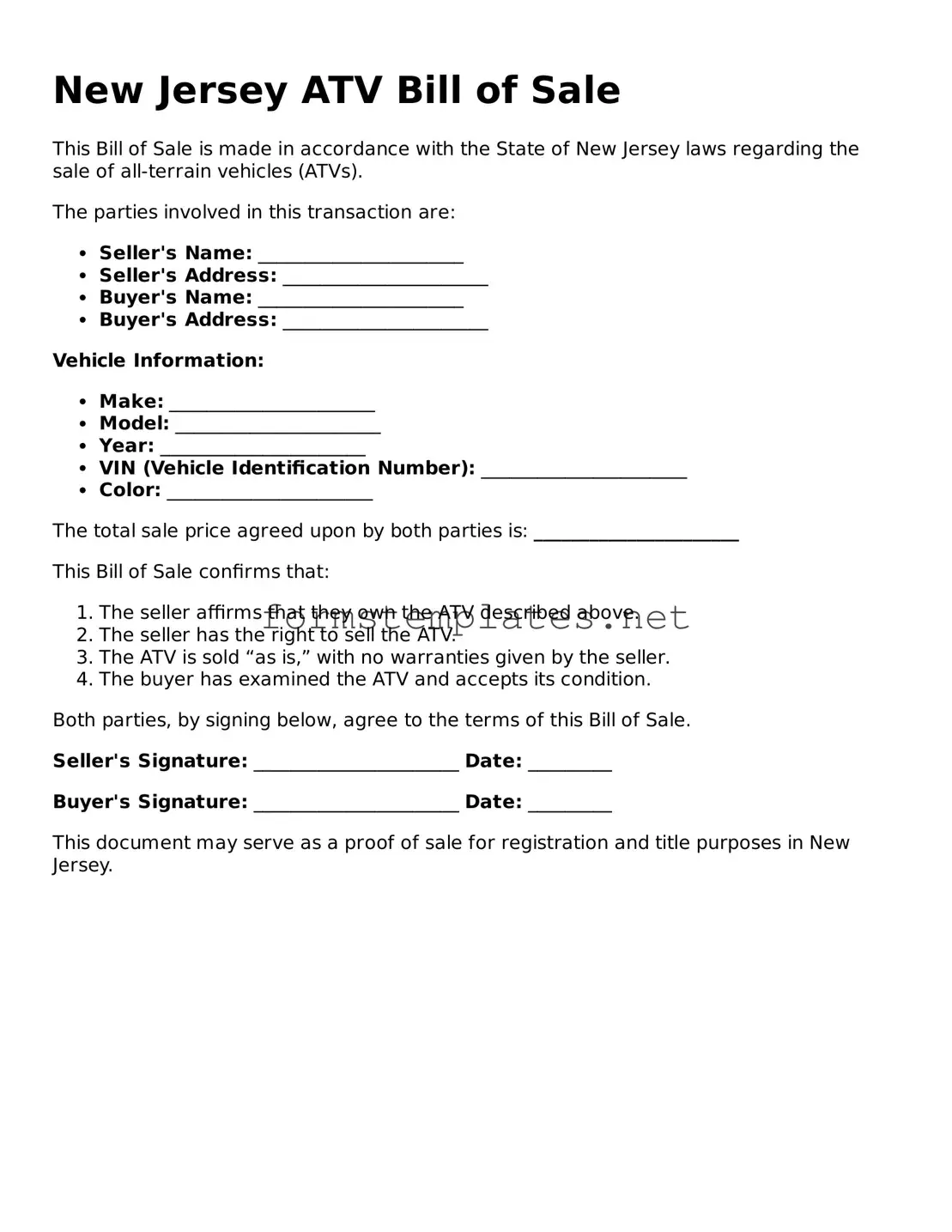 Attorney-Approved New Jersey ATV Bill of Sale Template