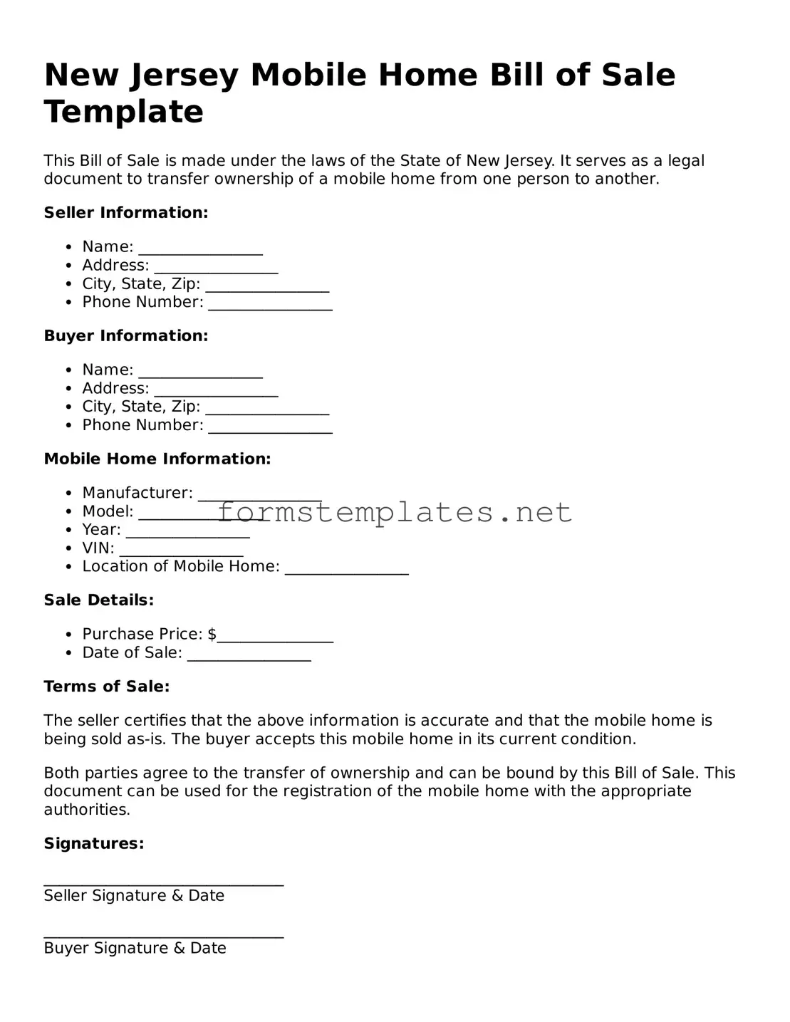 Attorney-Approved New Jersey Mobile Home Bill of Sale Template