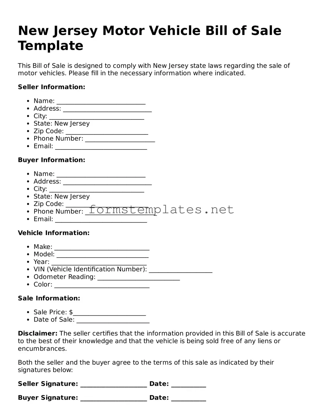 Attorney-Approved New Jersey Motor Vehicle Bill of Sale Template