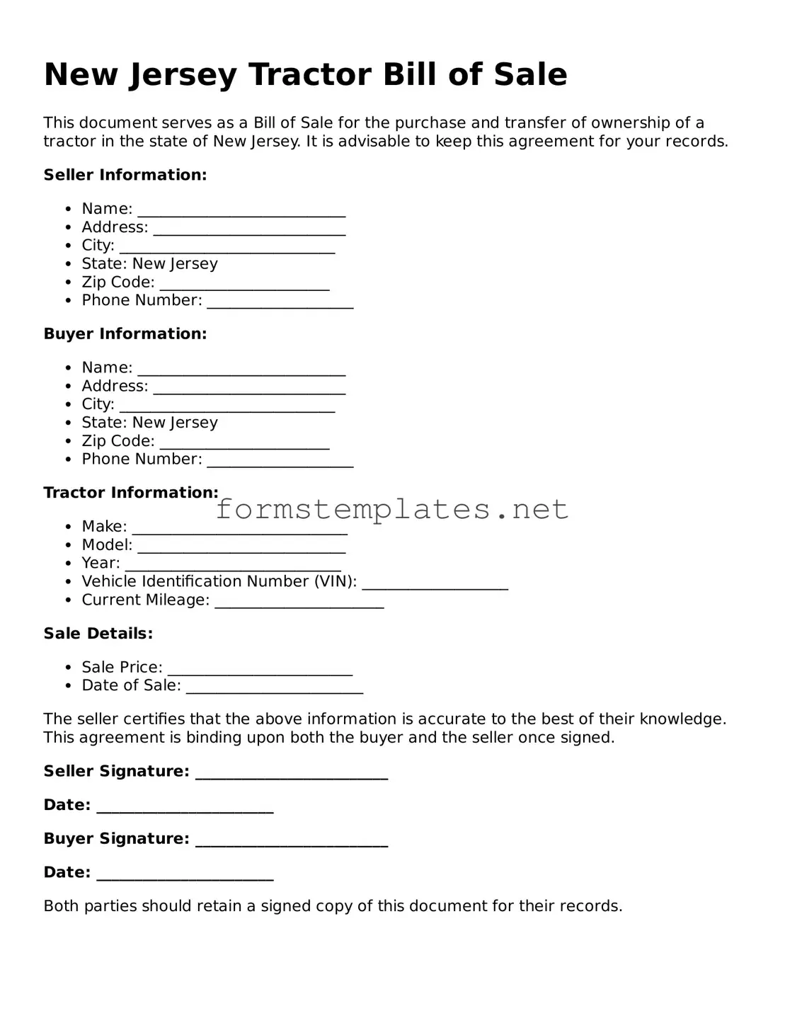 Attorney-Approved New Jersey Tractor Bill of Sale Template